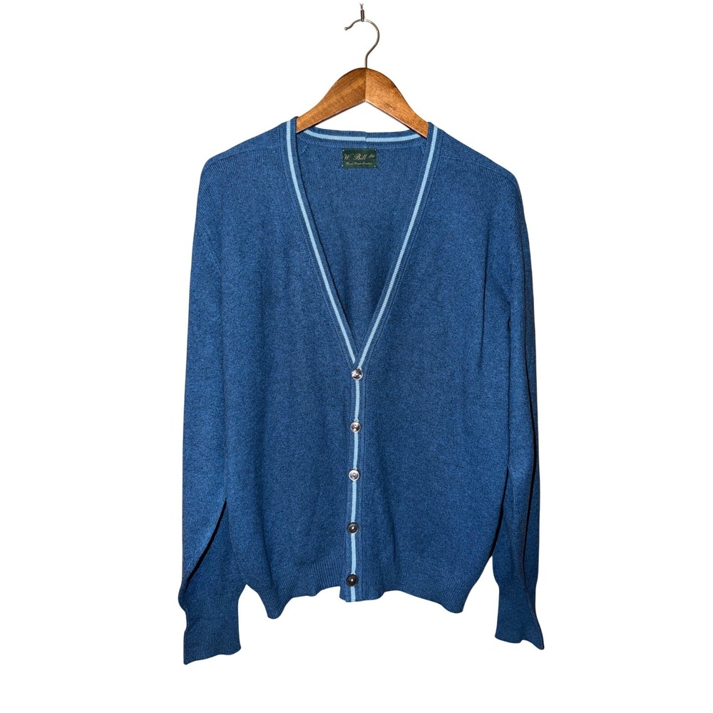 Vtg W Bill Braemar Scotland Cardigan Sweater Blue 100% Cashmere Mens L/XL Button